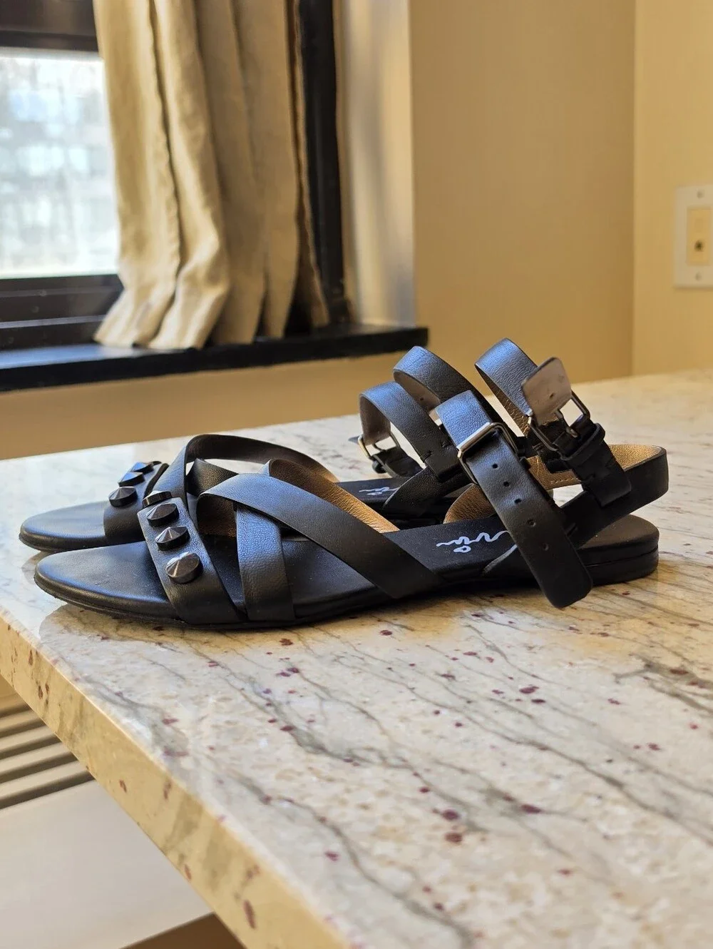 Lanvin Black Leather Studded Strappy Sandals with Ankle Buckles Size 37